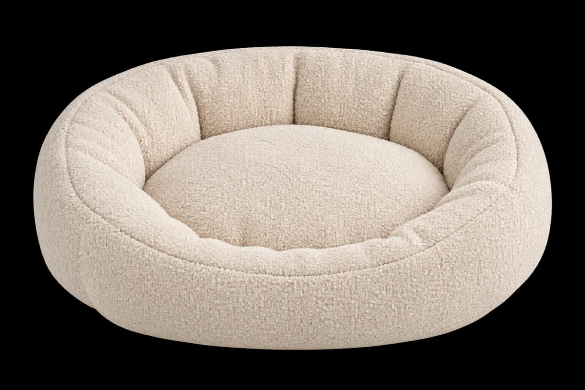 Round oatmeal boucle pet bed with a plush cushion