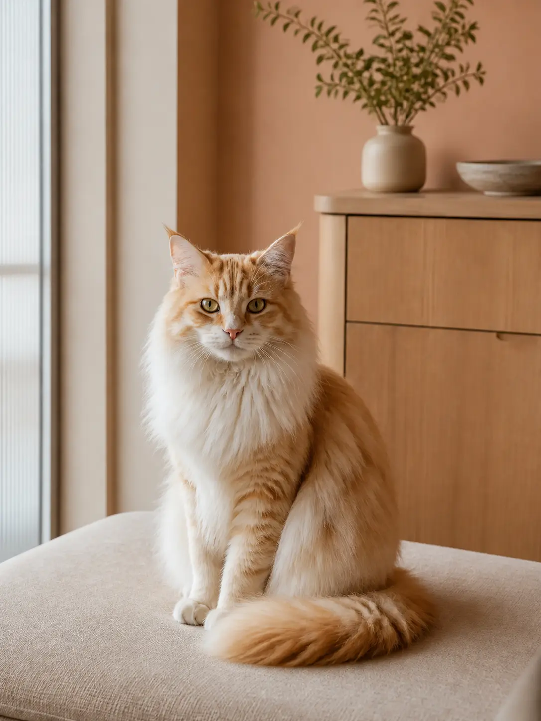 Calm cream-and-ginger cat in a warm pet wellness room