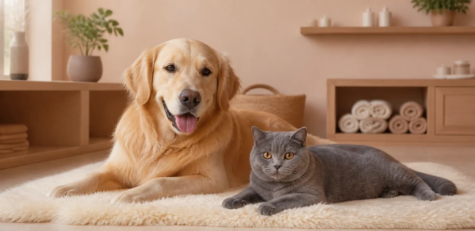 Golden retriever and grey cat relaxing together