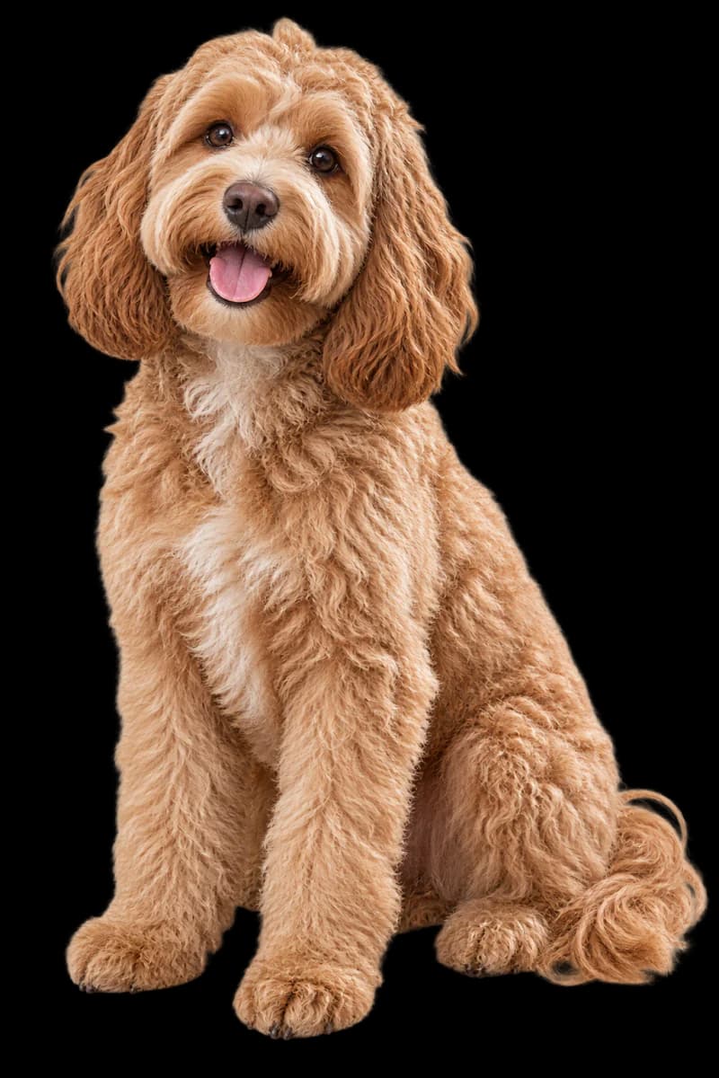 Happy apricot cockapoo sitting attentively