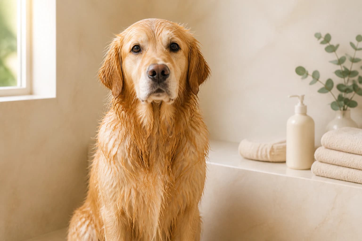 Freshly bathed golden retriever in a warm pet-care room