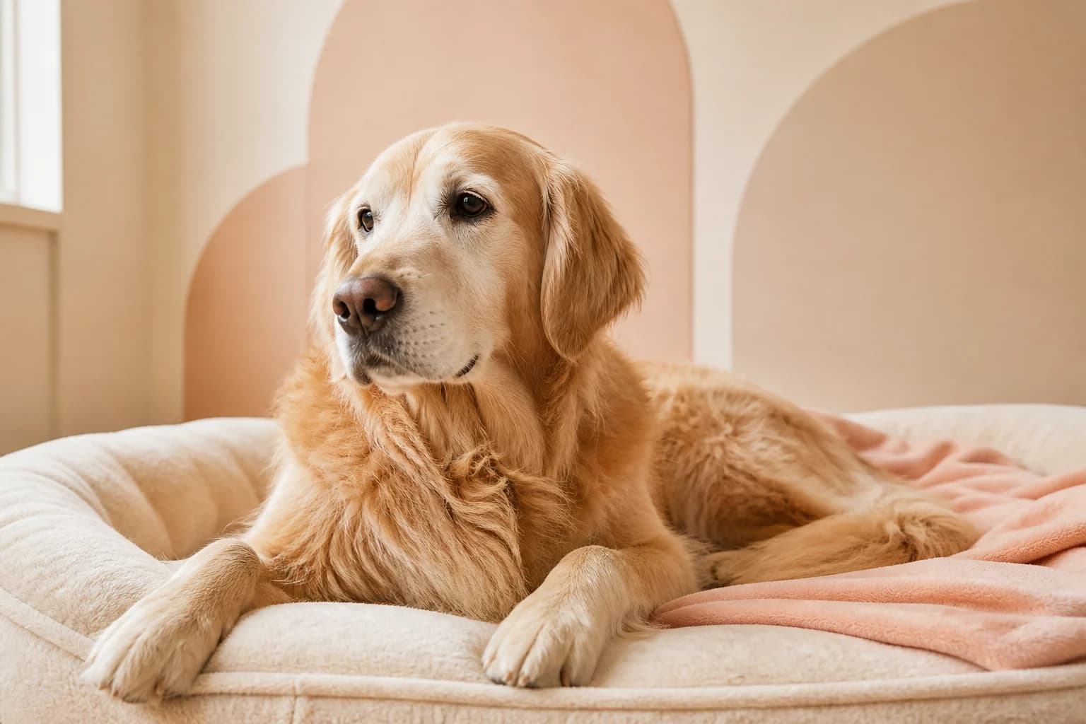 Senior golden retriever resting on a comfortable pet bed