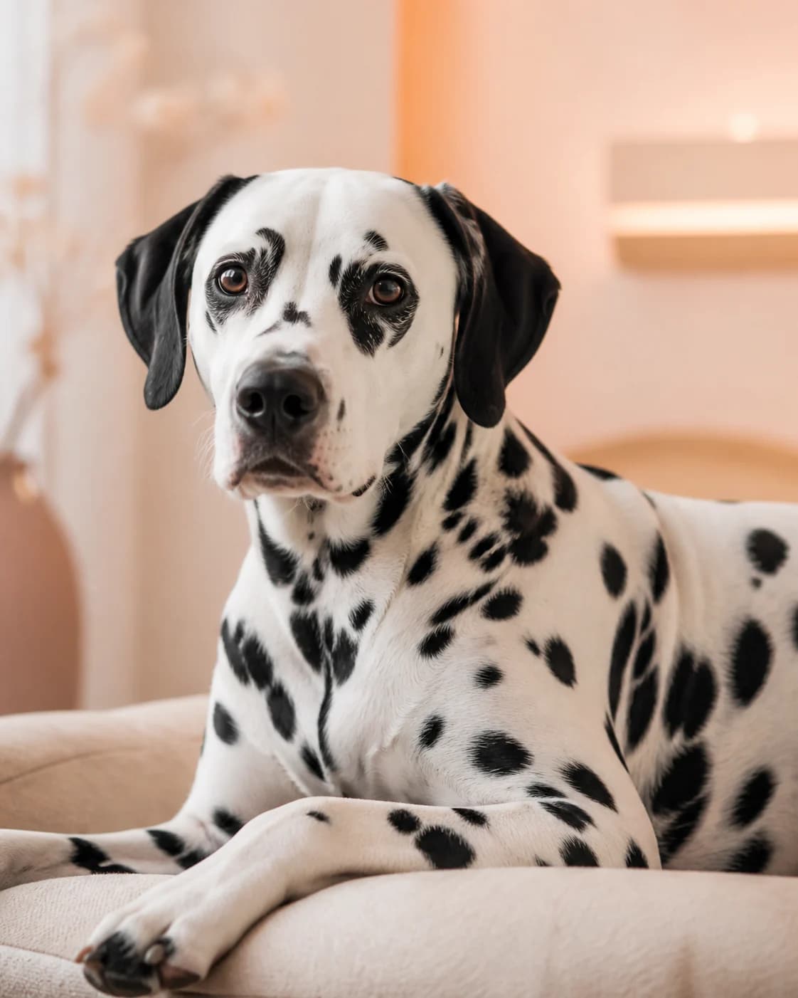 Calm Dalmatian resting in a warm pet wellness studio
